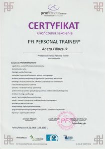 Certyfikat ze szkolenia Aneta Filipczuk PFI Personal trainer, Trener Personalny PFI